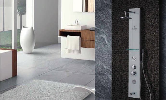 Without Thermostat Mixer In White Glass Finish White tempered glass body • 2 ABS body massage with flexible hose • Brass Spout • Minimum water 2 bar • Shelf