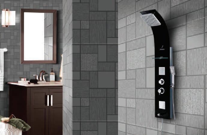 With Thermostat Mixer, Black Tempered Glass With Special Surface with 60 nozzles Black tempered glass body • Moveable ABS top shower • 2 Moveable with flexible hose ABS body massage jets • Hand shower with flexible hose 40cm stainless steel Brass Spout • Shelf • Thermostatic mixer with diverter • 40cm stainless bar steel braided hose • Minimum water pressure required 2 bar