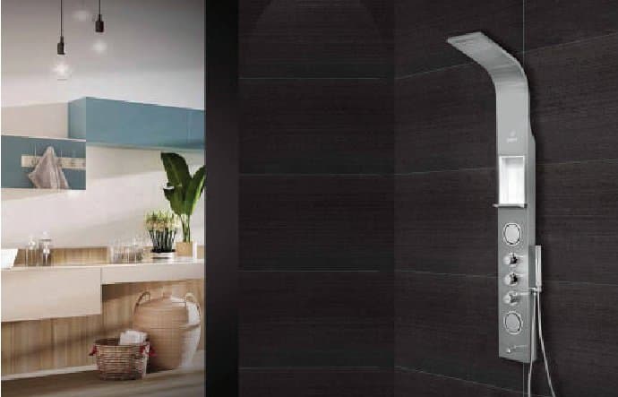 Finger Print In Stainless Steel Body Anti-finger print stainless steel body • Inbuilt ABS top nozzles • 2 Moveable ABS body massage jets • Hand flexible hose • Brass Spout • Shelf • Thermostatic 40cm stainless steel braided hose • Minimum water 2 bar • Cascade shower