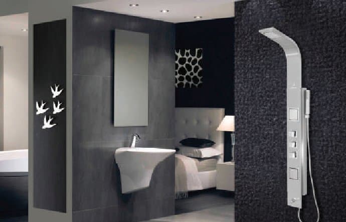 Chrome Plated In Stainless Steel Finish shower with 60 Anti-finger print stainless steel body • Movable ABS top shower shower with Cascade shower • 2 Moveable ABS body massage jets mixer with diverter Hand shower with flexible hose • Brass Spout • Thermostatic mixer pressure required with diverter • 40cm stainless steel braided hose • Minimum Water pressure required 2 bar