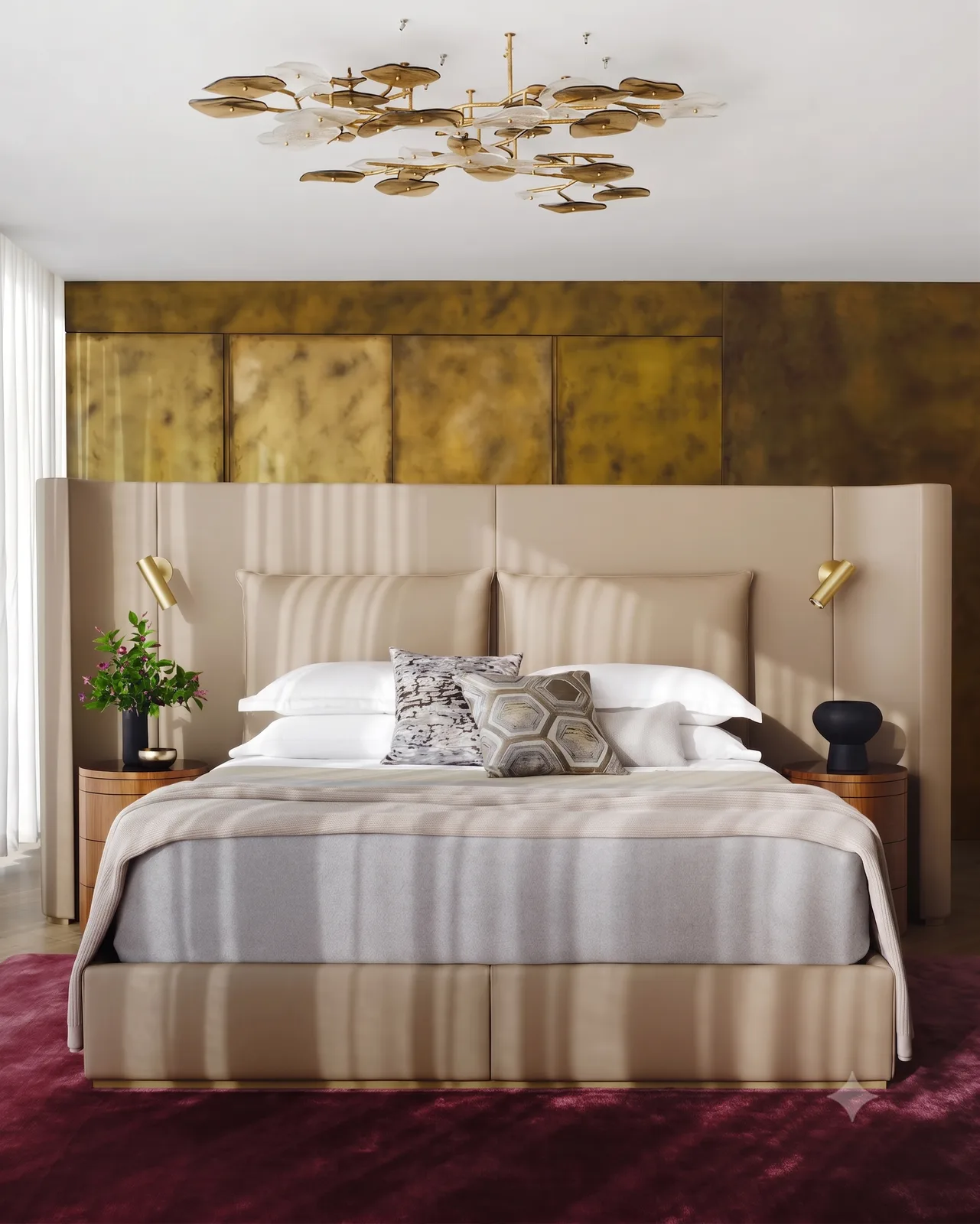 Brass disc chandelier over a gold-panelled headboard