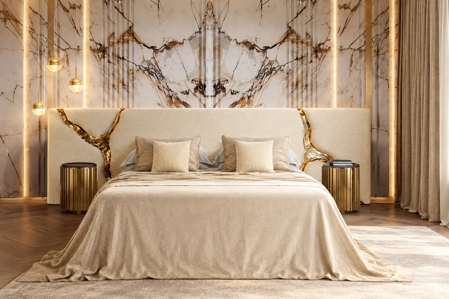 Book-matched marble behind the bed