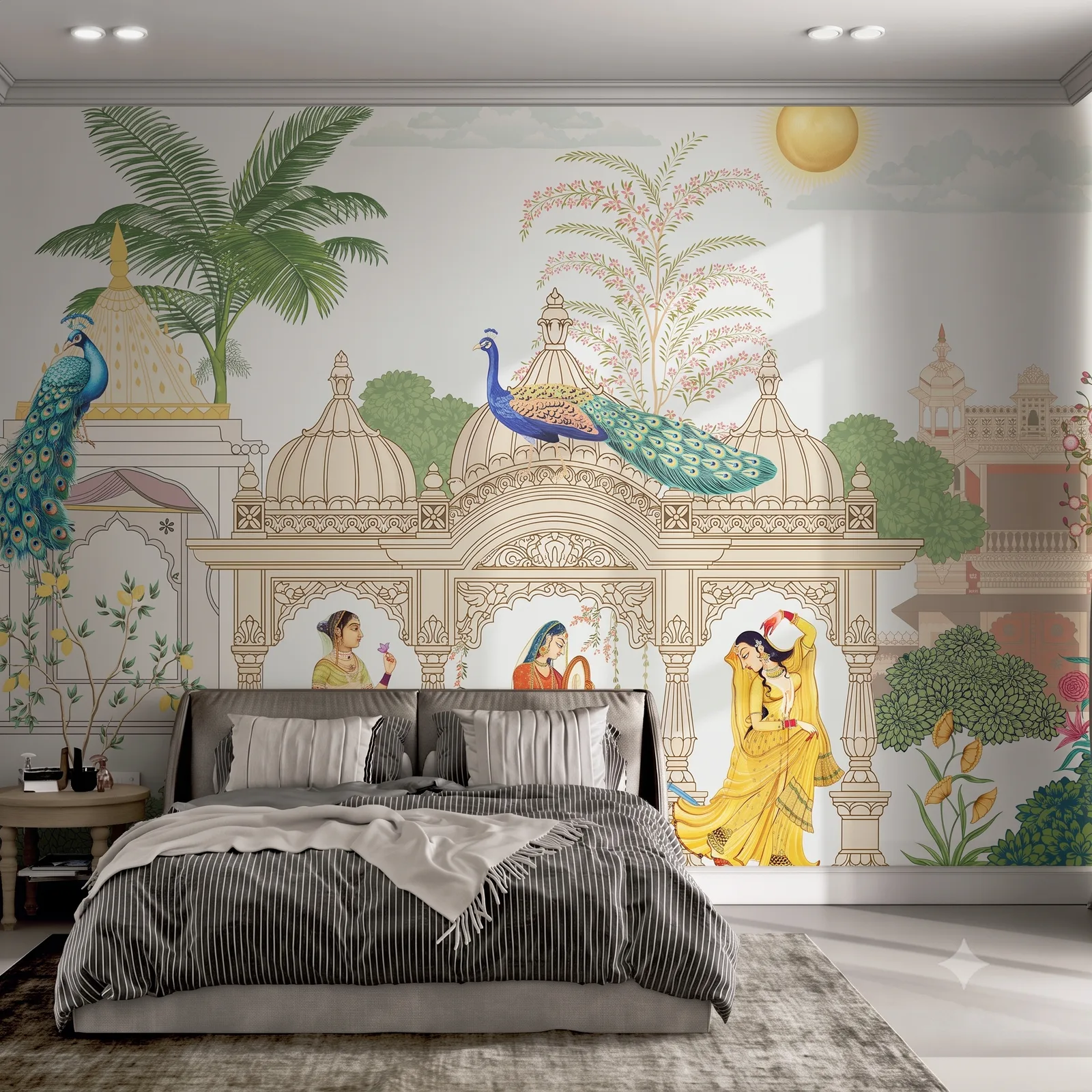 Hand-painted peacock mural behind the bed