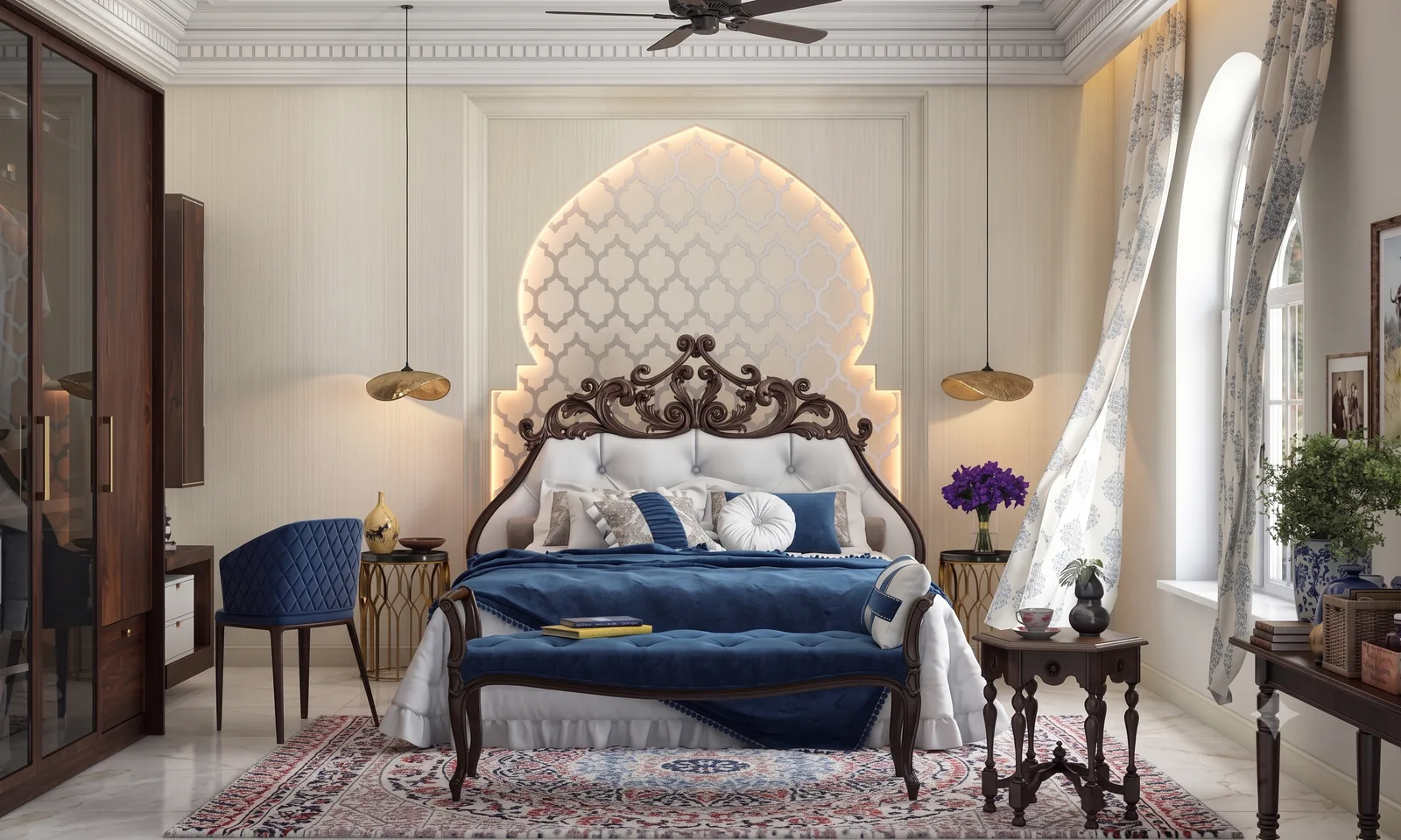 Scalloped arch headboard in navy