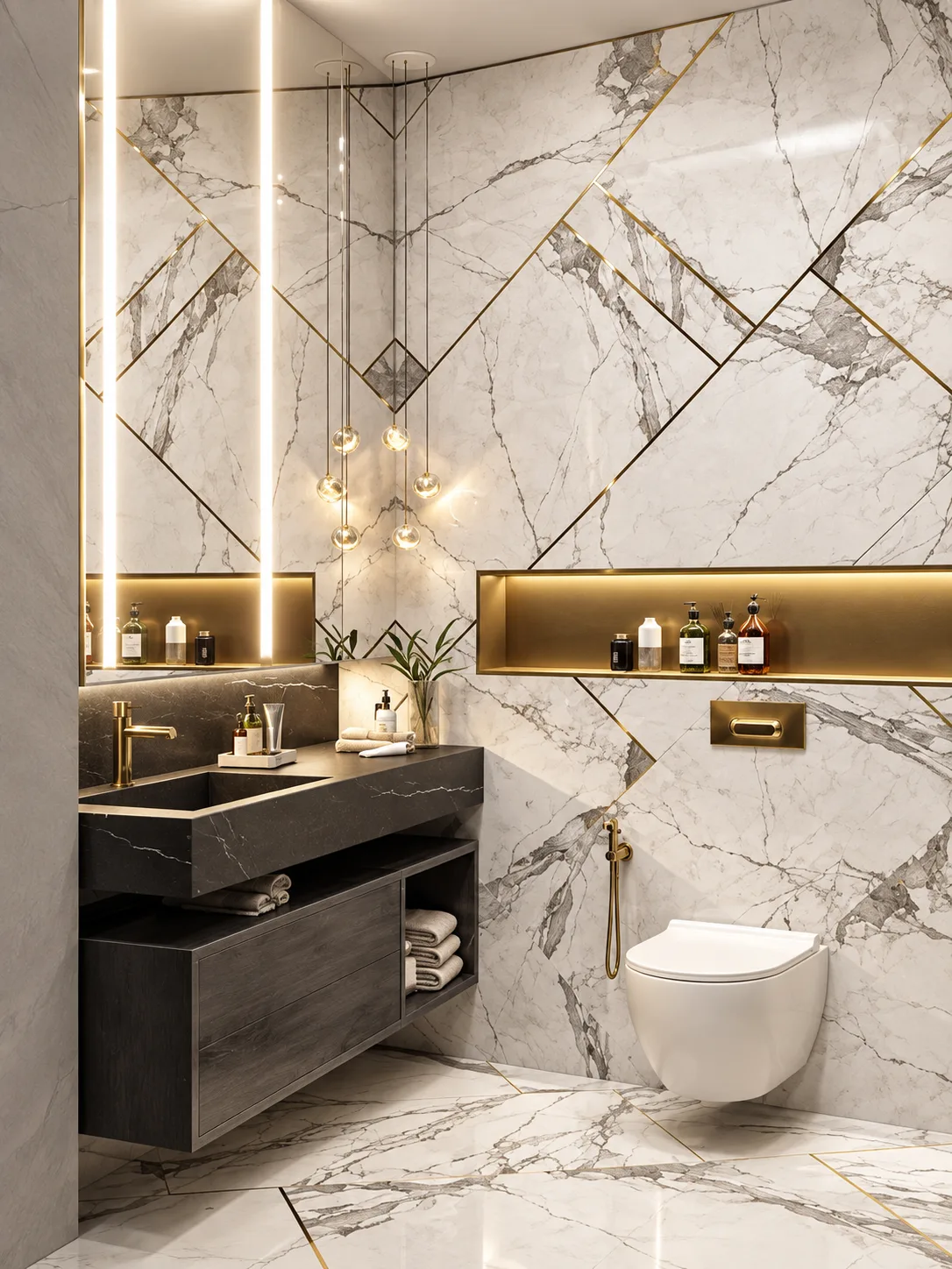 Statuario bath with a floating stone vanity
