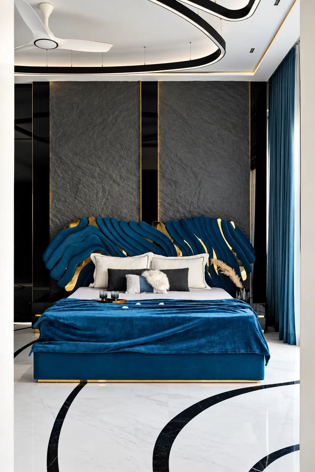 Sculptural wave headboard in teal and brass